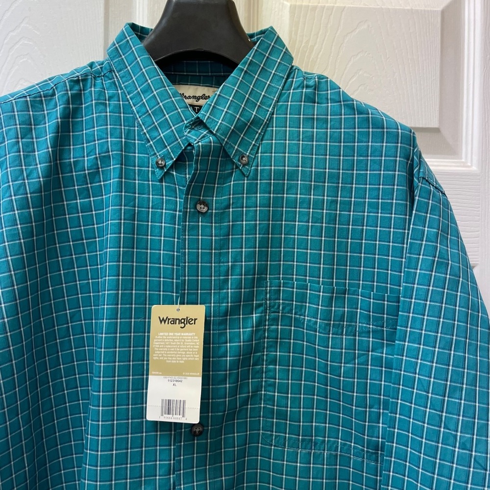 Wrangler Riata Men's XL Teal & White Plaid Long Sleeve Shirt Cotton/Poly Blend
